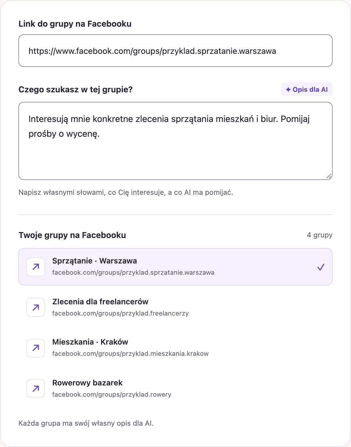 Koncepcja ustawień monitorowania: link do grupy na Facebooku, opis dla AI i cztery przykładowe grupy.